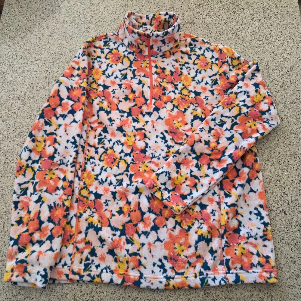 Lands End Womens Pullover 1/4 Zip Fleece Orange Floral Long Sleeve Cozy NWOT✨️L